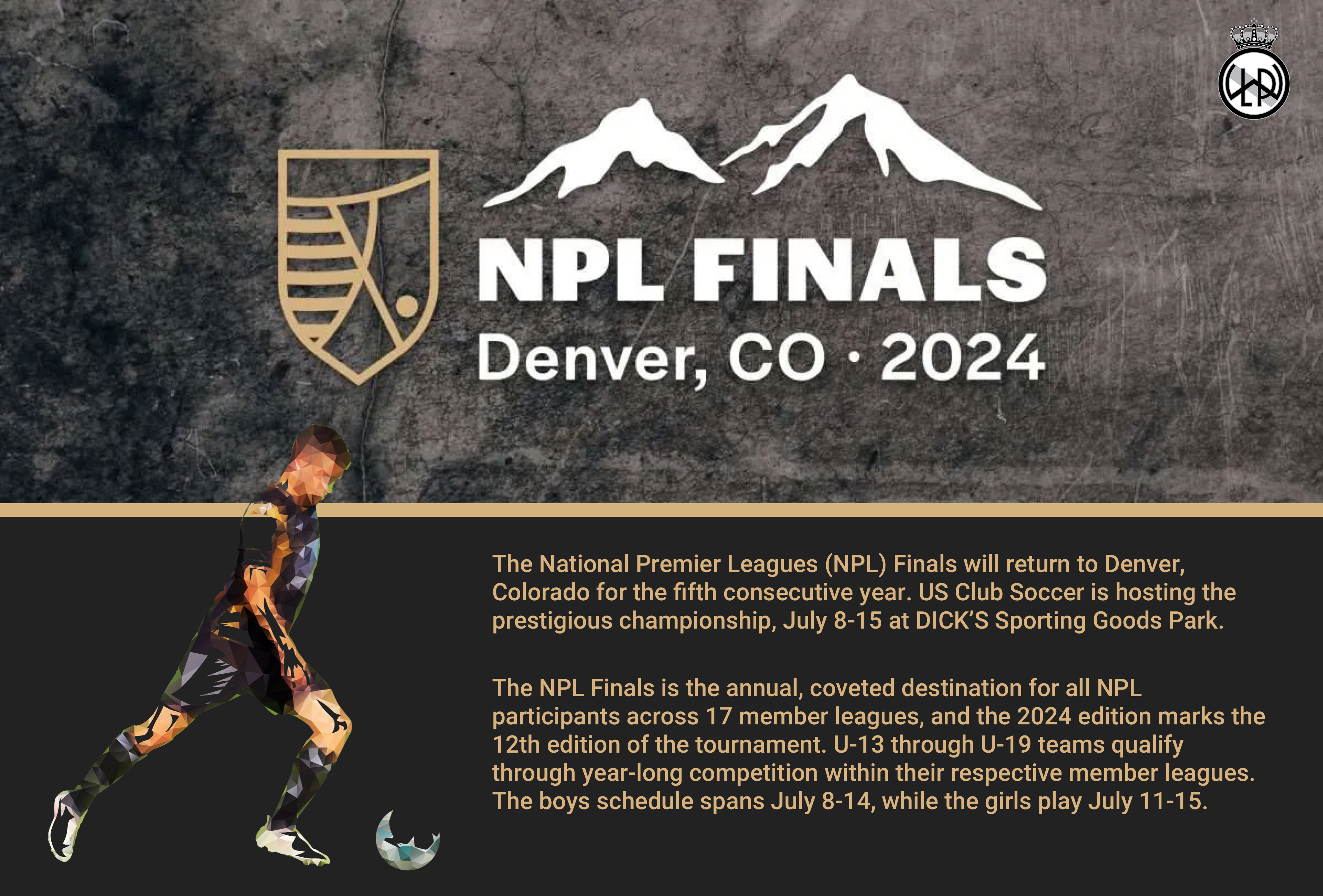 National Premier League logo and NPL finals in Colorado; dates between July 8 and 15, 2024.