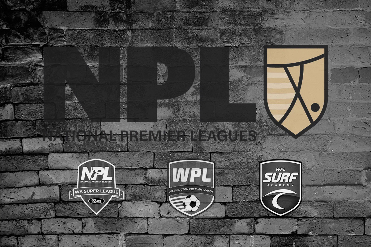 Brick wall background with Natonal Premier League, Surf Academy and Washington Premier League logos.